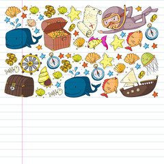 Fototapeta premium Vector set with underwater diving icons and pirate elements. Treasure chest, ship, octopus, diver. Little boys and kingergarten preschool girls summer vacation and adnventure