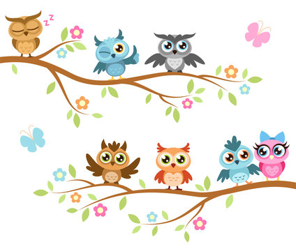 Owls on a branch. Colorful cute friends owls sitting on branches, joyful forest birds, pattern kids print, cartoon vector illustration