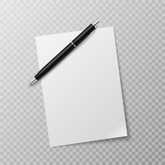 Pen and paper sheet. Blank white paper sheet and ballpoint pen top view mockup. Write message, letter or note realistic vector template - obrazy, fototapety, plakaty