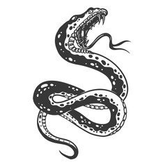 Illustration of poisonous snake  in engraving style. Design element for logo, label, emblem, sign, badge. Vector illustration