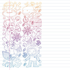 Fototapeta premium Vector set with underwater diving icons and pirate elements. Treasure chest, ship, octopus, diver. Little boys and kingergarten preschool girls summer vacation and adnventure