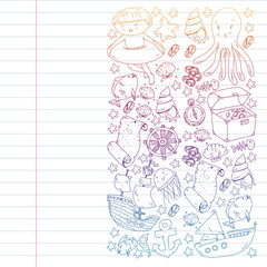 Vector set with underwater diving icons and pirate elements. Treasure chest, ship, octopus, diver. Little boys and kingergarten preschool girls summer vacation and adnventure