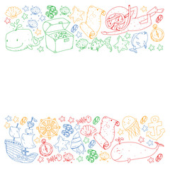Vector set with underwater diving icons and pirate elements. Treasure chest, ship, octopus, diver. Little boys and kingergarten preschool girls summer vacation and adnventure