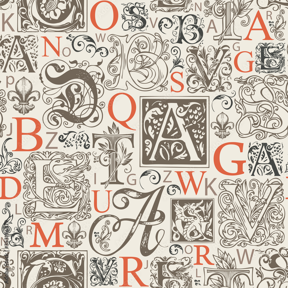 Poster vector seamless pattern with capital letters and hand-drawn initial letters on a light backdrop. rep