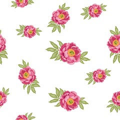 Pattern with pink peonies and green leaves isolated on a white background, stock vector illustration with 3D effect, postcard, banner, poster, fabric, packaging