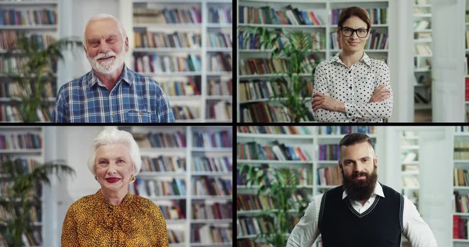 Collage of Caucasian people of different ages standing indoor. Old man in shirt. Senior lady in good mood. Woman in glasses smiling to camera. Bearded male looking away in library. People concept