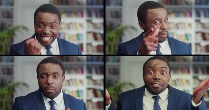 Collage of African American male with different emotions. Man smiling and doing victory gesture. Male pointing with finger on camera. Guy in suit with confused expression on face. Emotions concept
