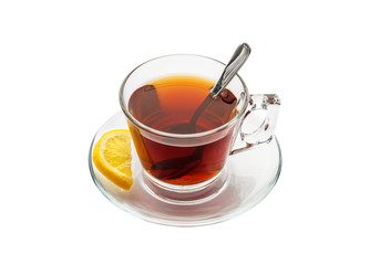 Turkish Tea glass cup with lemon. Turkish hot black tea isolated white background. Clipping Path.