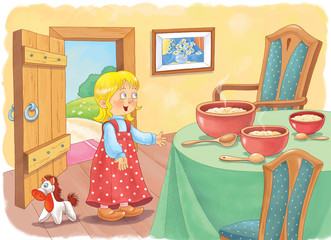 Goldilocks and the three bears. Fairy tale. Illustration for children. Coloring page. Coloring book. Cute and funny cartoon characters