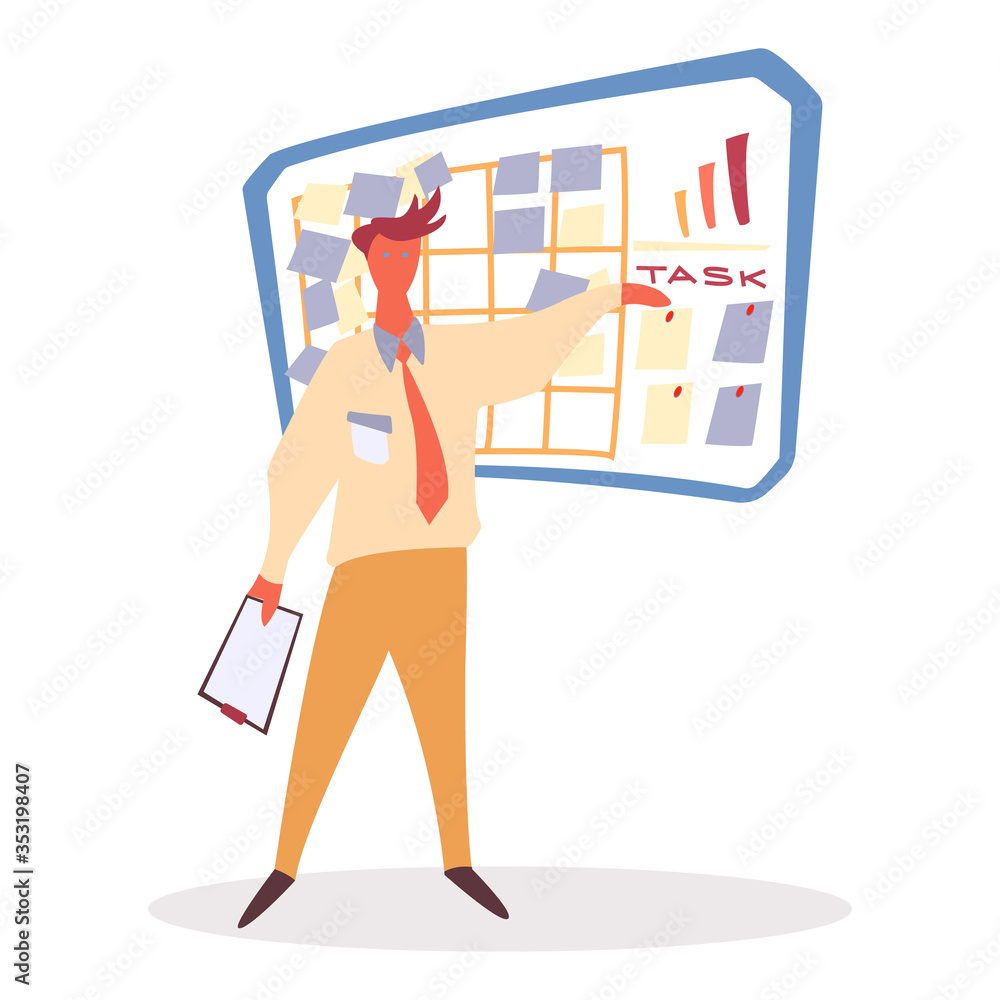 Poster man character holding paper and standing near planning board. worker communication with planner. tas