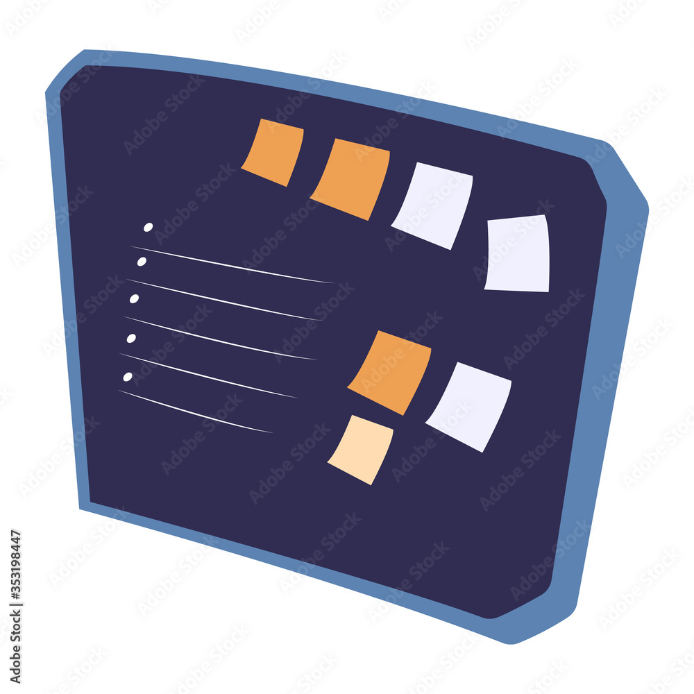 Poster desk with points and stickers. task appointments and successfully organizing on board in blue color.