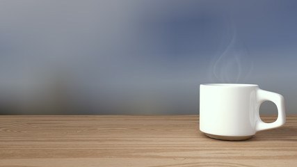 Black coffee in a white mug with a saucer placed on a wooden plate and served in the morning 3D rendering.