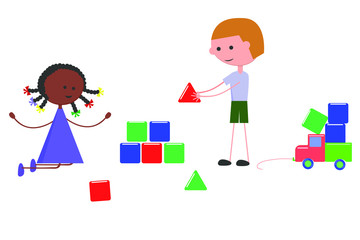 Different girl and boy play with dice. Isolated vector color image on a white background. Flat style. The children are playing. Concept of friendship of children of different races