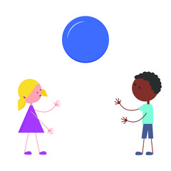 Different boy and girl play with a ball. Vector isolated image on a white background. Concept of friendship of children of different racial groups . Flat style