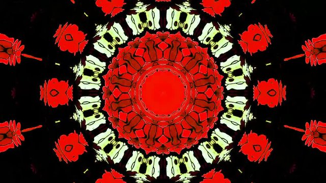 Abstract kaleidoscope with red colors, mosaics, abstract backgrounds, mandalas, 4k seamless loops, meditation, smooth round motion