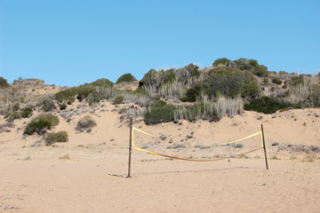 Empty beach volleyball field sandy 2020 summer season to reopen Antalya Turkey Greece Italy mediterranean cancelled