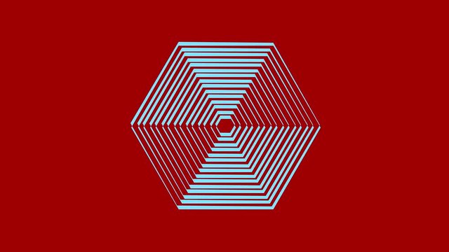 Two colored and overlapping graphic objects in the shape of concentric hexagons, which rotate in the two opposite directions varying in size, with a hypnotic, psychedelic and stroboscopic effect.