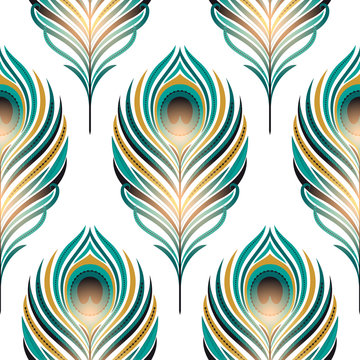 Seamless pattern with peacock feathers. Freehand drawing