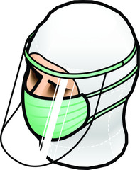 Head with surgical medical face mask, full face shield, and full hood.