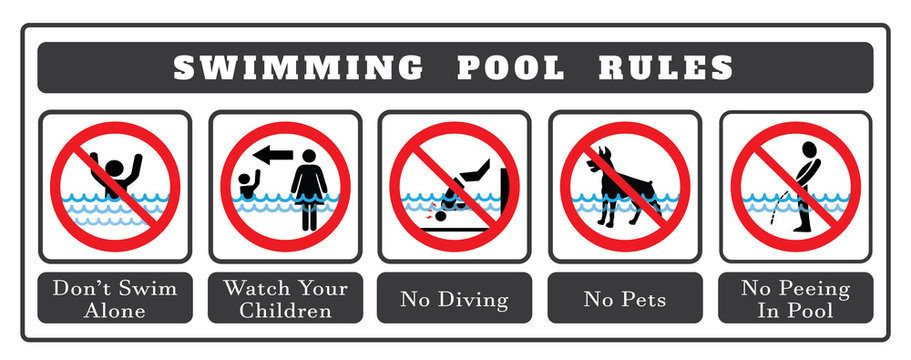 Swimming pool rules. Set of icons and symbol for pool. No Diving sign, No pets sign, No peeing in pool icon and Don`t swim alone icon.