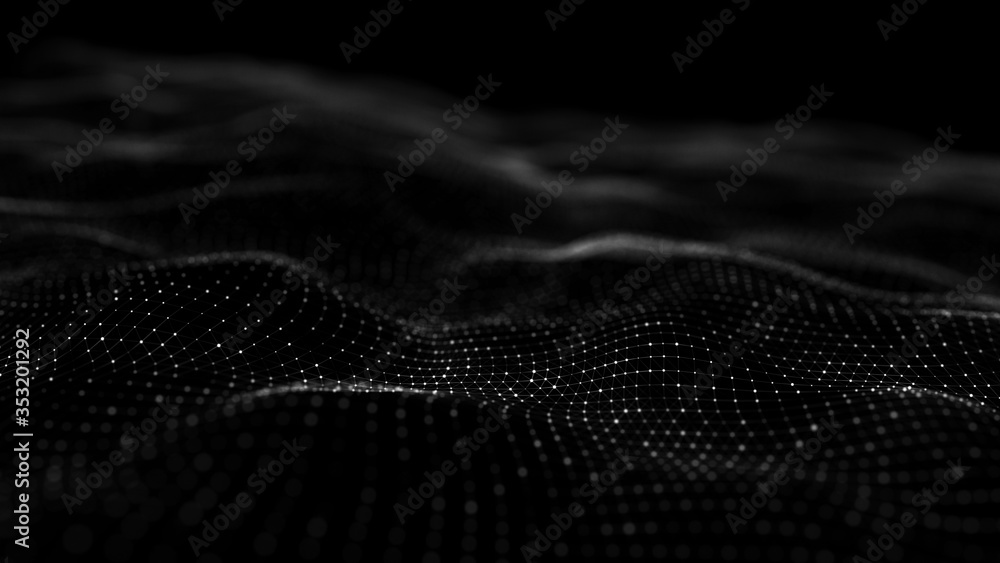 Poster wave 3d. wave of particles. abstract black geometric background. big data visualization. data techno