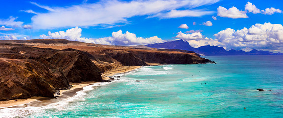 Impressive  unspoiled beaches of Fuerteventura island. La Pared beach -popular spot for surfing. Canary islands