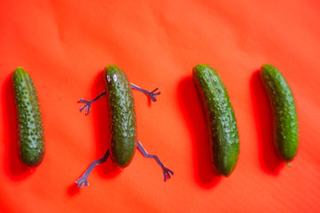 Man cucumber on a bright and red background among ordinary cucumbers.