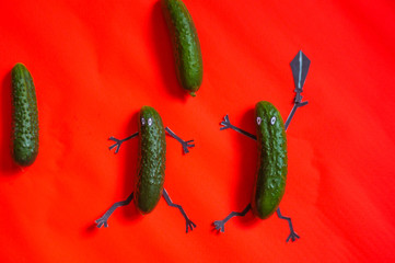 Two man cucumbers on a bright red background fight with swords close-up.