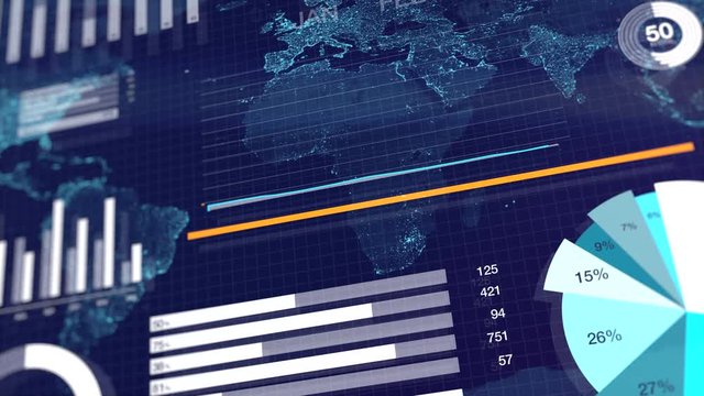 3D animation of graphs and charts over globe map background. Blue corporate abstract