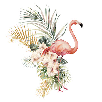 Watercolor tropical card with pink flamingos, orchids and palm leaves. Hand drawn golden coconut and monstera leaves. Floral illustration isolated on white background for design, print or background.