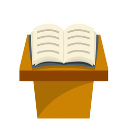 Open book. Blue cover. Hobby and rest with paper with pages on podium. Cartoon flat illustration. Reading and education. Icon for storytelling and education