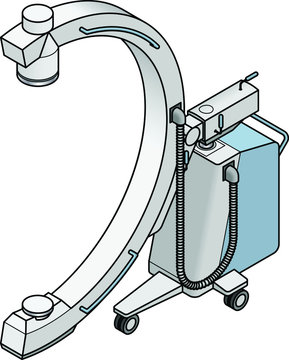 A mobile x-ray machine with a semicircular armature.