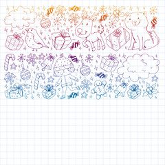 Christmas pattern with little children. Kids play and have fun during winter vacations.