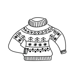 Knitted sweater, warm, Scandinavian. Vector image in the style of Doodle. Black on white background.