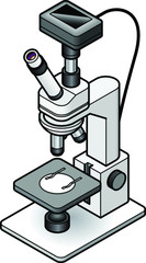 A laboratory monocular microscope on an fixed stand with an adjustable stage. With an attached digital camera.