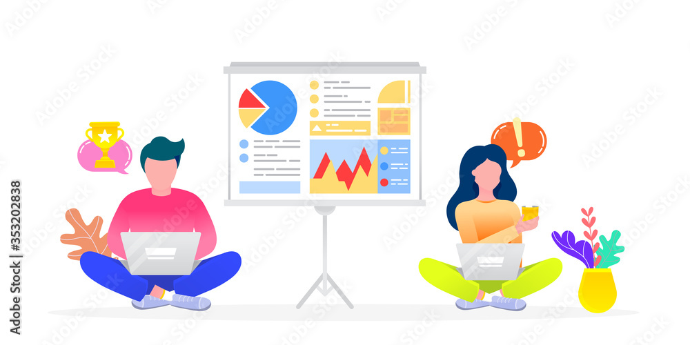 Poster man and woman working with data analysis using laptops. isolated team of employees with pc. workers 