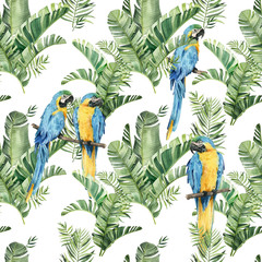 Pattern with beautiful watercolor parrots and tropical leaves. Tropics. Realistic tropical leaves. Tropical birds. - 353202842