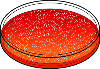Petri dish with red culture medium and bacterial/virus colony.