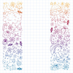 Fototapeta premium Christmas pattern with little children. Kids play and have fun during winter vacations.