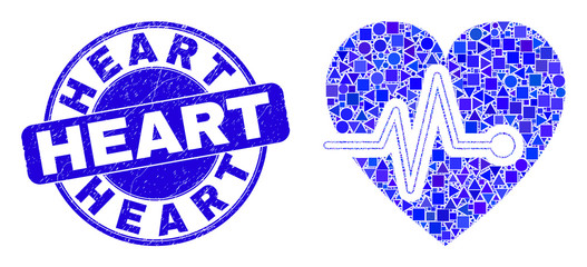 Geometric heart pulse mosaic icon and Heart seal stamp. Blue vector round grunge stamp with Heart title. Abstract mosaic of heart pulse created of spheric, triangles, square geometric items.