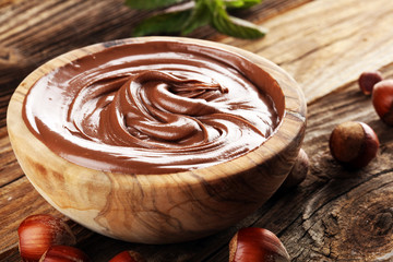 Homemade hazelnut spread in a bowl. Hazelnut Nougat cream closeup