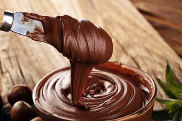 Homemade hazelnut spread in a bowl. Hazelnut Nougat cream closeup