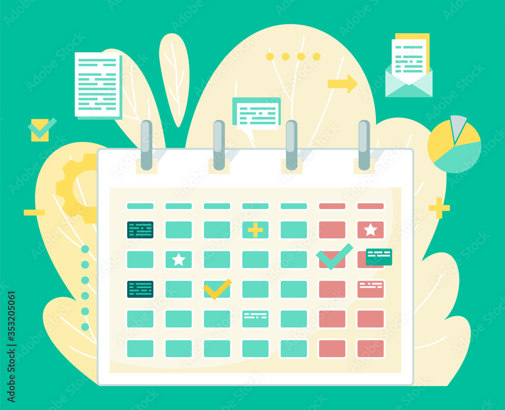 Poster calendar with tips, text blogs and stars on backdrop of plant with folders and informations. vector 
