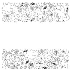 Coloring page with Christmas pattern for little children. Kids play and have fun during winter vacations.