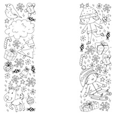 Coloring page with Christmas pattern for little children. Kids play and have fun during winter vacations.