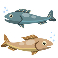 Set of fish. Sea food. Cartoon flat illustration isolated on white background. Element of fishing. River blue and grey animal with scales, fins and a tail