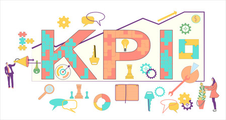 Key Performance Indicator (KPI) word lettering typography design illustration with icons for business,team people,target, chess,keys, bubbles.Growth curve with arrows strategy,speaker with megaphone