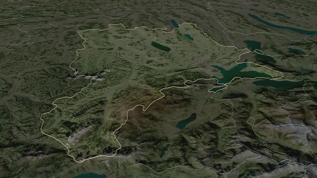 Lucerne, canton with its capital, zoomed and extruded on the satellite map of Switzerland in the conformal Stereographic projection. Animation 3D