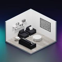 Isometric style cozy interior room 3d with furniture