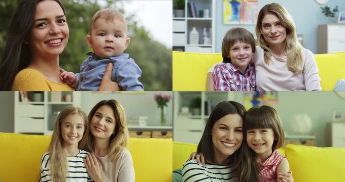 Collage of different families. Happy mom and daughter hugging and smiling at home. Mom sitting with cute little girl. Woman with cute toddler boy outdoor. Mother with small son on couch Family concept